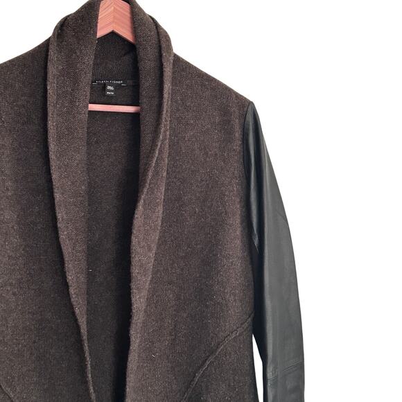 Eileen Fisher Wool Leather Jacket XS Brown Black Open Front Cardigan Capsule - Picture 6 of 6